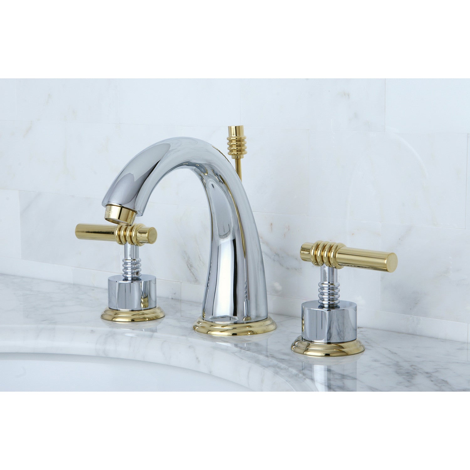 Kingston Tulare KS2964ML - Milano Two-Handle 3-Hole Deck Mount Widespread Bathroom Faucet with Brass Pop-Up, Polished Chrome/Polished Brass — thumbnail 2